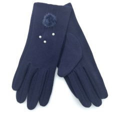 Дамски ръкавици с пухче и три перли в тъмно синьо