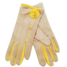 Елегантни дамски ръкавици в бежово с жълто пухче и цветни пръсти