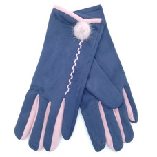Зимни дамски ръкавици в синьо-Елегантен модел с пухче