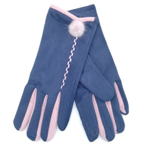 Зимни дамски ръкавици в синьо-Елегантен модел с пухче