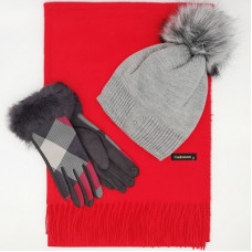 Стилен дамски зимен комплект-Шал, шапка и ръкавици с пух
