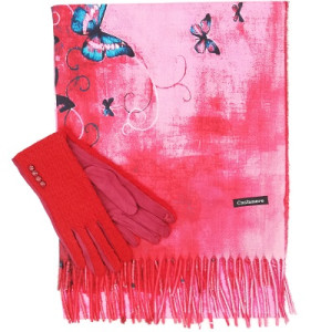 Дамски комплект- Кашмирен шал с пеперуди и топли ръкавици с копчета в червено