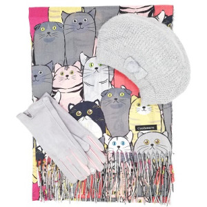 Дамски комплект-Шал с котки, шапка и ръкавици в сиво