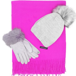 Дамски зимен комплект -шапка, шал и ръкавици в сиво и лилаво