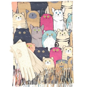 Кашмирен шал с котки и ръкавици с копчета-Дамски зимен комплект