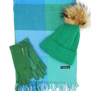 Дамски комплект кашмирен шал, шапка и ръкавици в зелено