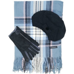 Стилен дамски комплект шапка, шал и ръкавици в синьо