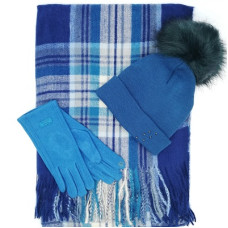 Стилен дамски зимен комплект в синьо шапка, шал и ръкавици