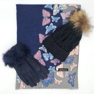 Дамски комплект шал с пеперуди, шапка и ръкавици в синьо