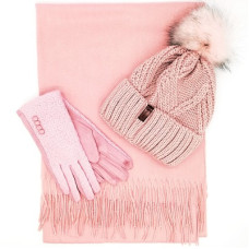 Дамски шал, шапка и ръкавици с две копчета в розово-Подаръчен комплект