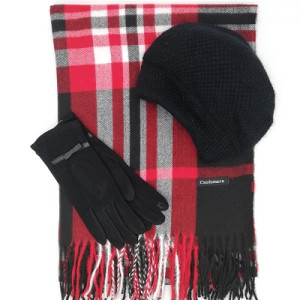 Дамски зимен комплект Burberry Шапка, шал и ръкавици в в черно и червено
