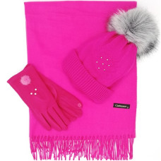 Дамски зимен комплект цикламен-Шал, шапка с пух и ръкавици с перлички