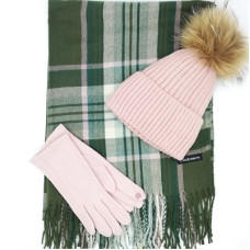 Дамски зимен комплект-Шал, шапка с естествен пух и топли ръкавици