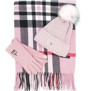 Зимен дамски комплект Burberry в розово-Шал, шапка и ръкавици