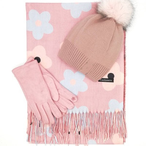 Дамски зимен комплект шапка, шал и ръкавици в розово