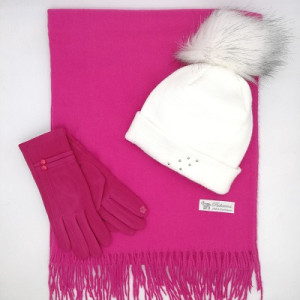 Дамски зимен комплект в бяло и цикламено-Шал, шапка и ръкавици
