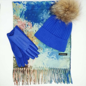 Дамски зимен комплект в турско синьо-Шапка, шал и ръкавици