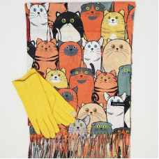 Дамски шал с котки и ръкавици в жълто -Зимен комплект