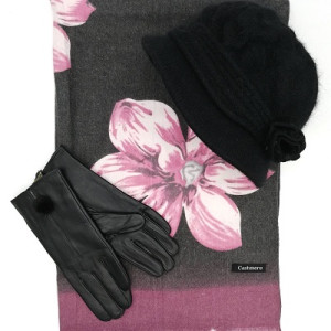 Дамски зимен комплект  с цвете-Шал, шапка и ръкавици в черно