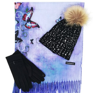 Дамски зимен комплект с пеперуди  -Шал, шапка и ръкавици 