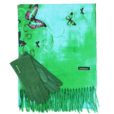 Дамски комплект кашмирен шал и ръкавици в зелено 