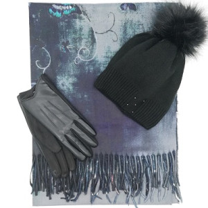 Дамски комплект -Шал с пеперуди, шапка и ръкавици в черно