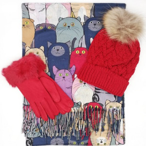 Дамски зимен комплект с котки-Шал, шапка и ръкавици в червено
