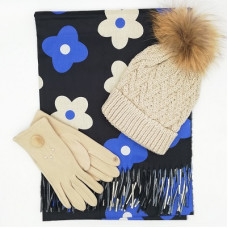 Дамски зимен комплект в бежово и синьо шапка, шал и ръкавици 
