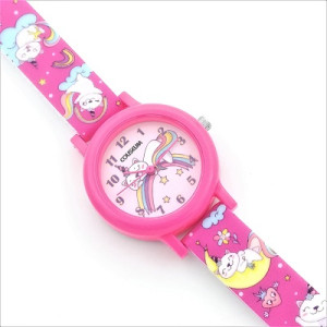 Розов детски часовник с цифри и картинка на дъга и коте еднорог