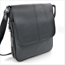 Мъжка чанта през рамо с капак черна естествена кожа