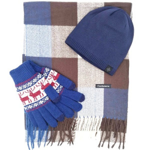 Мъжки зимен комплект-шал, шапка и ръкавици в синьо