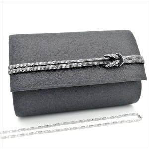 Официална дамска чанта клъч текстилна с фин брокат в черно и камъни