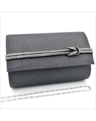 Официална дамска чанта клъч текстилна с фин брокат в черно и камъни