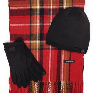 Мъжки комплект шал, шапка и ръкавици в червено и черно 