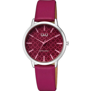 Дамски часовник с розова цикламена кожена каишка Q&Q - Q26B-005PY