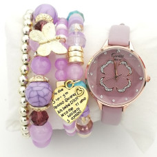 Дамски часовник с детелина и гривни с висулки в лилаво