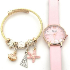 Розов дамски комплект часовник и гривна с висулки