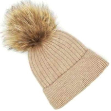 Зимна дамска шапка  бежово с подплата и пух от естествен косъм