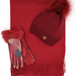 Луксозен дамски комплект шапка, шал и ръкавици -Бордо 