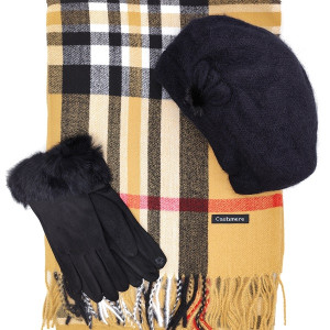 Марков дамски комплект-Шапка, шал и ръкавици в бежово и черно Burberry