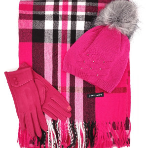 Шапка шал и ръкавици-Комплект в розов цвят циклама 