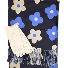 Комплект шал и ръкавици в тъмносиньо с цветя – Луксозен зимен подарък за жена