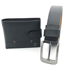 Подаръчен комплект портфейл и колан от естествена кожа-Черен 