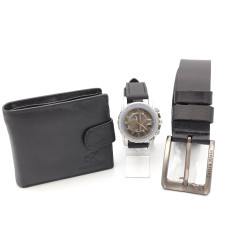Подарък за мъж марков комплект-Колан портфейл и часовник