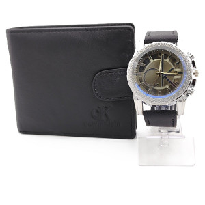 Подаръчен комплект за мъж- Марков портфейл от естествена кожа и часовник 