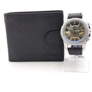 Подаръчен комплект за мъж-Марков часовник и портфейл от естествена кожа