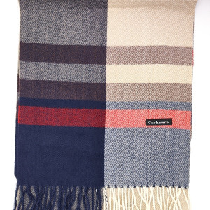 Мъжки кашмирен шал с ресни в синьо и бежово каре Мъжки кашмирен шал с ресни в синьо и бежово каре