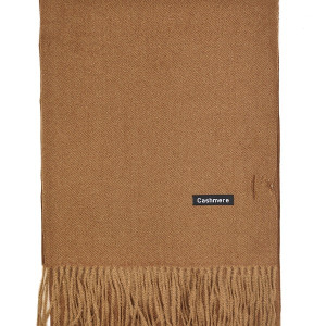 Мъжки шал кашмир едноцветен в кафяво с дълги ресни