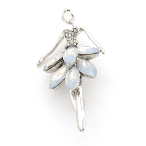 Брошка балерина в бяло със сребрист обков и бели камъни