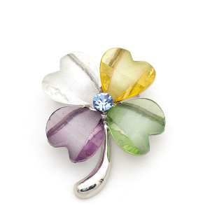 Луксозна брошка цвете с многоцветни листа и син камък Луксозна брошка цвете с многоцветни листа и син камък